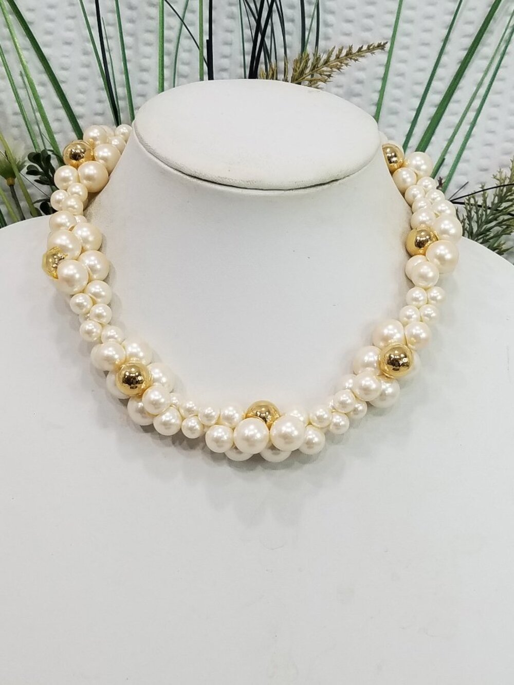 Vintage 1980s Signed Trifari TM Faux Pearl and Gold Tone Bead Choker Necklace
